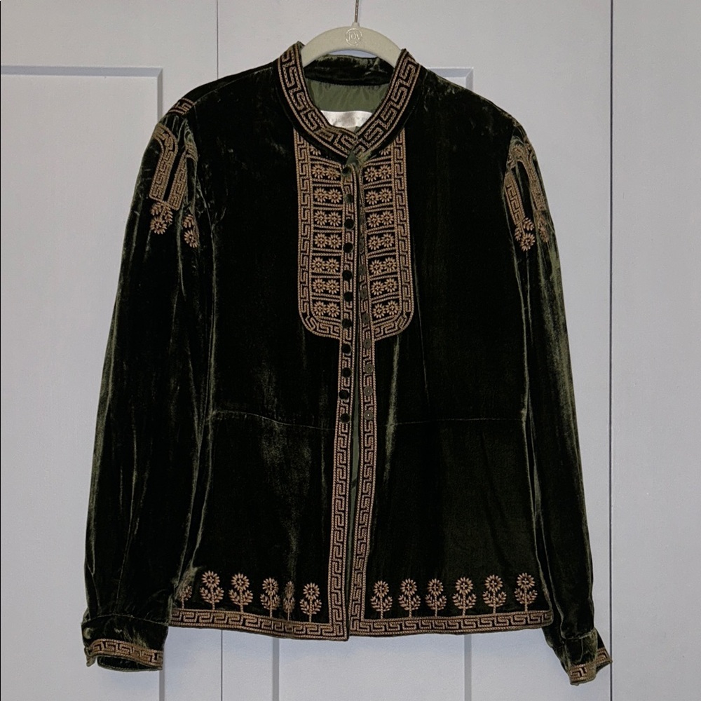 Eileen West Green Velvet Jacket/ Blouse with Gold Embroidery